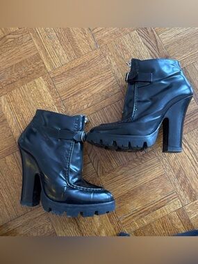 Prada Black Leather Lug-Sole High Heel Ankle Boots